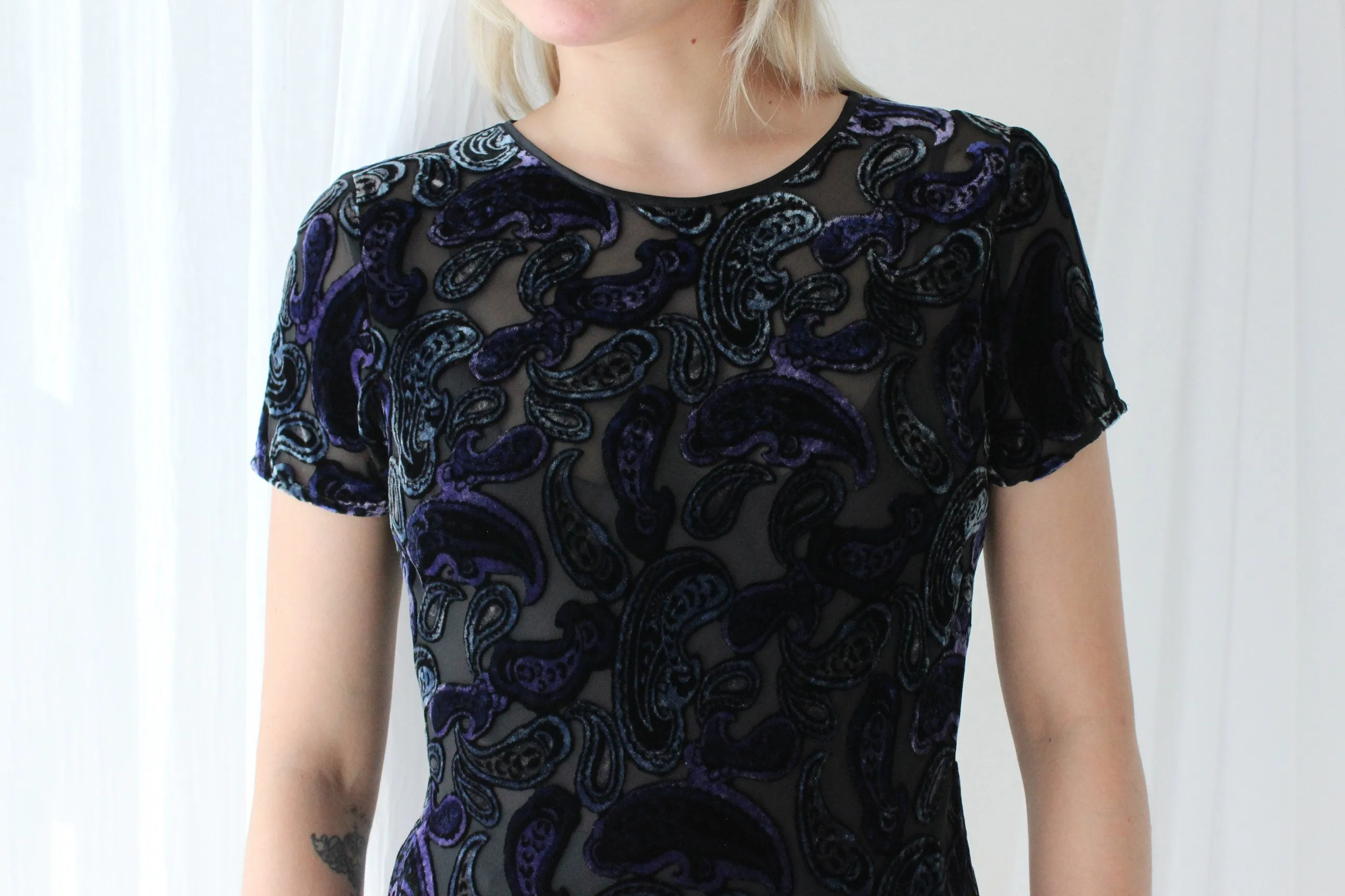 90s Silk Velvet Paisley Burnout Bias Cut Tee
