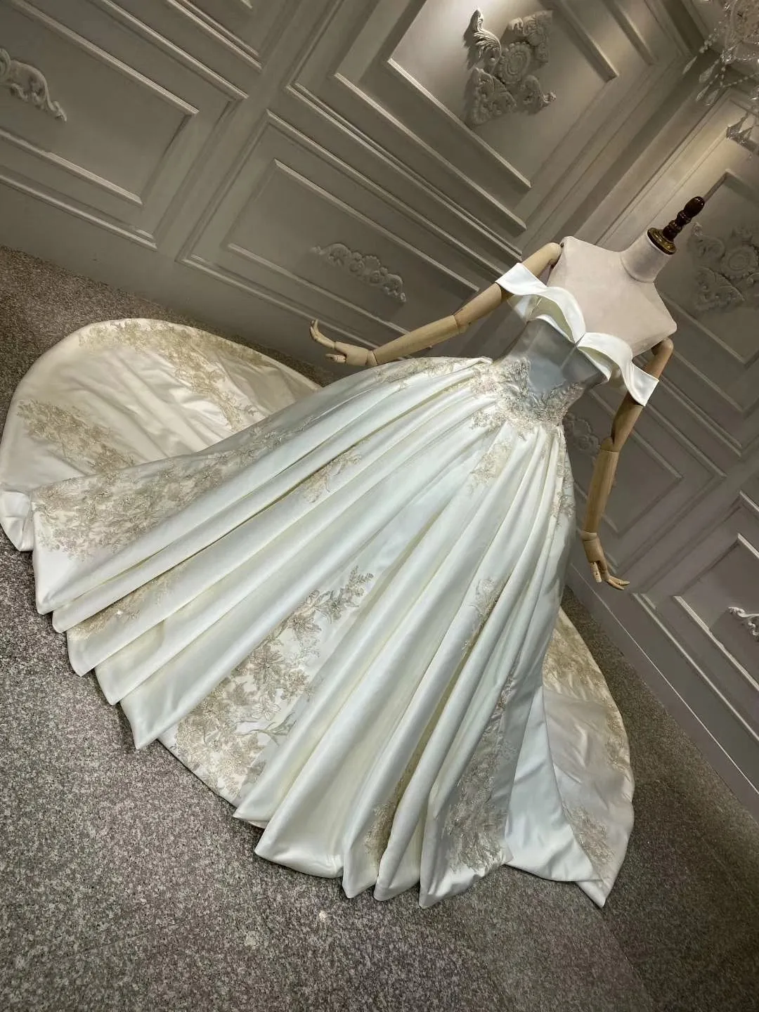 Off shoulder matte satin lace appliqués crystals pearls beaded couture wedding dress 2020